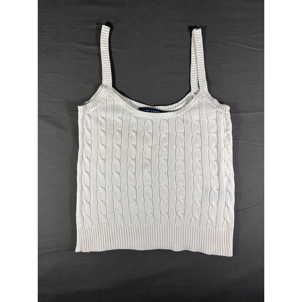 Vintage Ralph Lauren White Cable Knit Tank Top Scoop Neck Medium Cotton Cami - Picture 8 of 11